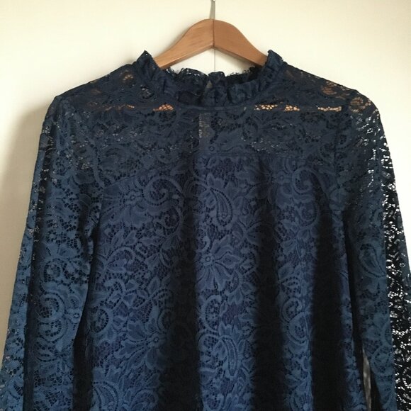 Tahari Navy Blue Lacy Bell Sleeve Lolita Babydoll Dress - Picture 3 of 16